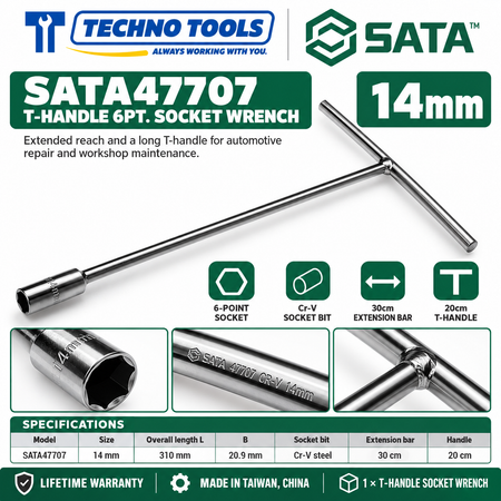 Shop SATA 47701-47712 T-handle 6 point socket wrenches, 8 to 19mm. 30cm extension bar, 20cm handle and Cr-V sockets. Lifetime warranty.