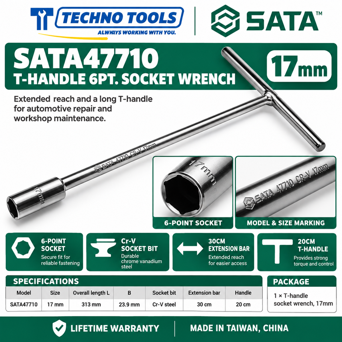 Shop SATA 47701-47712 T-handle 6 point socket wrenches, 8 to 19mm. 30cm extension bar, 20cm handle and Cr-V sockets. Lifetime warranty.