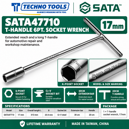 Shop SATA 47701-47712 T-handle 6 point socket wrenches, 8 to 19mm. 30cm extension bar, 20cm handle and Cr-V sockets. Lifetime warranty.