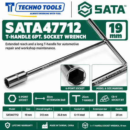 Shop SATA 47701-47712 T-handle 6 point socket wrenches, 8 to 19mm. 30cm extension bar, 20cm handle and Cr-V sockets. Lifetime warranty.