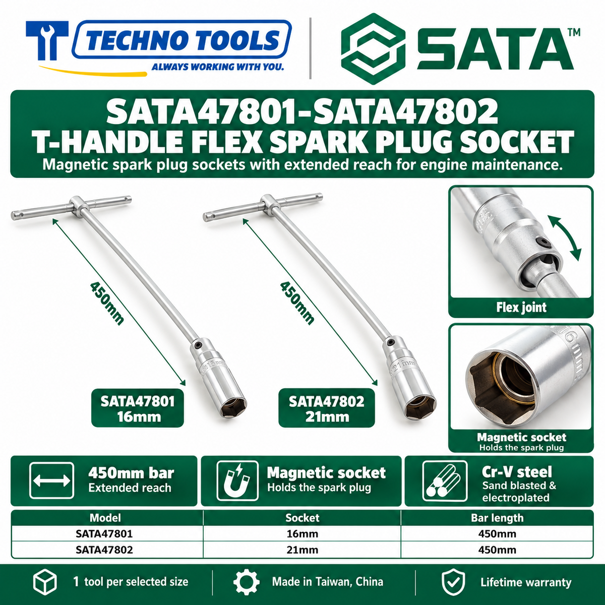 Shop SATA 47801-47802 T-handle flex spark plug sockets, 16MM and 21MM. Magnetic socket, 450mm bar, Cr-V steel. Lifetime warranty.
