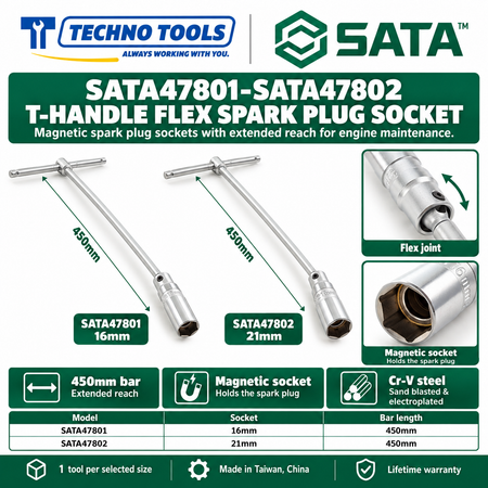 Shop SATA 47801-47802 T-handle flex spark plug sockets, 16MM and 21MM. Magnetic socket, 450mm bar, Cr-V steel. Lifetime warranty.