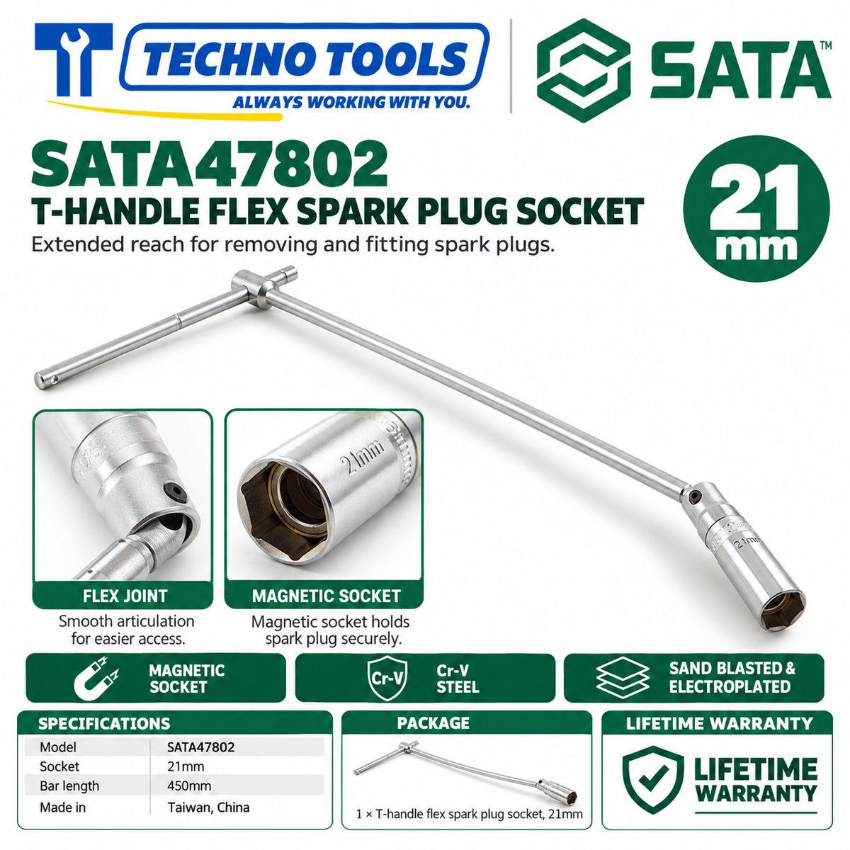 Shop SATA 47801-47802 T-handle flex spark plug sockets, 16MM and 21MM. Magnetic socket, 450mm bar, Cr-V steel. Lifetime warranty.