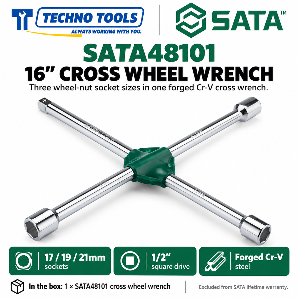 Shop SATA 48101 16 inch cross wheel wrench with 17, 19 and 21mm sockets and a 1/2 inch drive end. Forged Cr-V steel. Made in China.