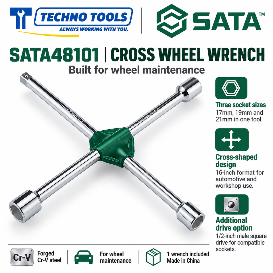 Shop SATA 48101 16 inch cross wheel wrench with 17, 19 and 21mm sockets and a 1/2 inch drive end. Forged Cr-V steel. Made in China.