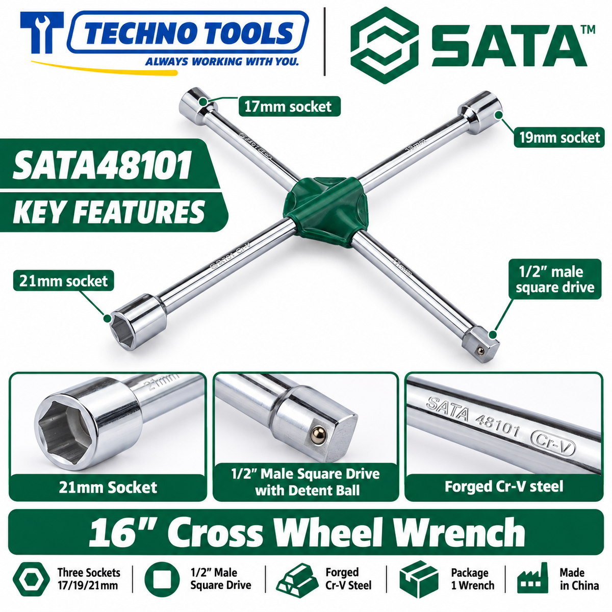 Shop SATA 48101 16 inch cross wheel wrench with 17, 19 and 21mm sockets and a 1/2 inch drive end. Forged Cr-V steel. Made in China.