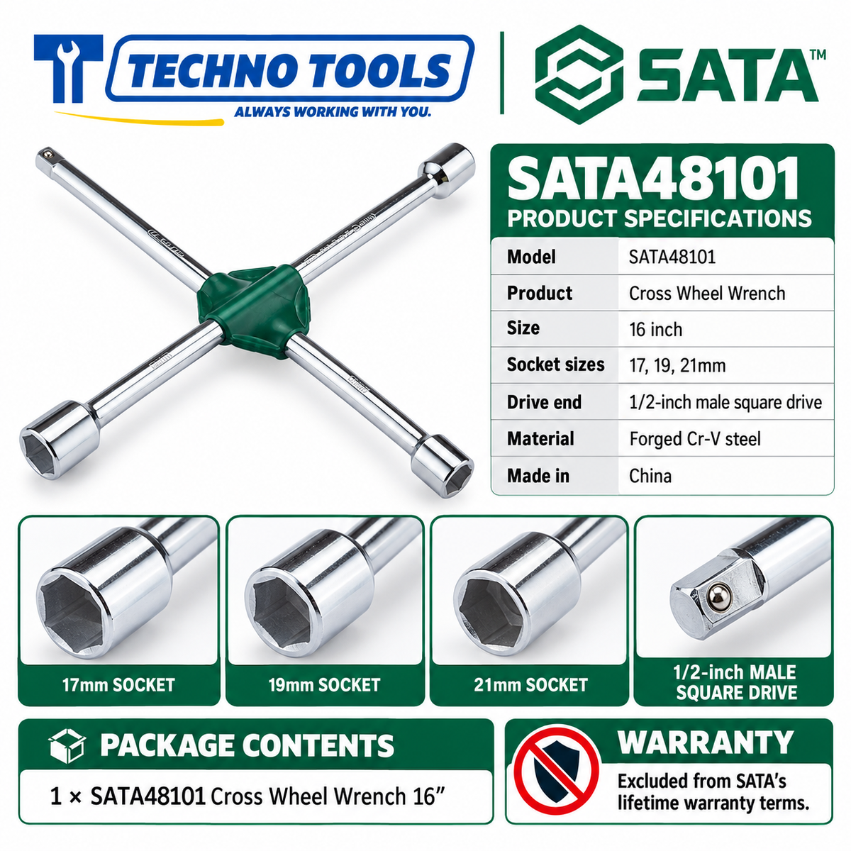 Shop SATA 48101 16 inch cross wheel wrench with 17, 19 and 21mm sockets and a 1/2 inch drive end. Forged Cr-V steel. Made in China.