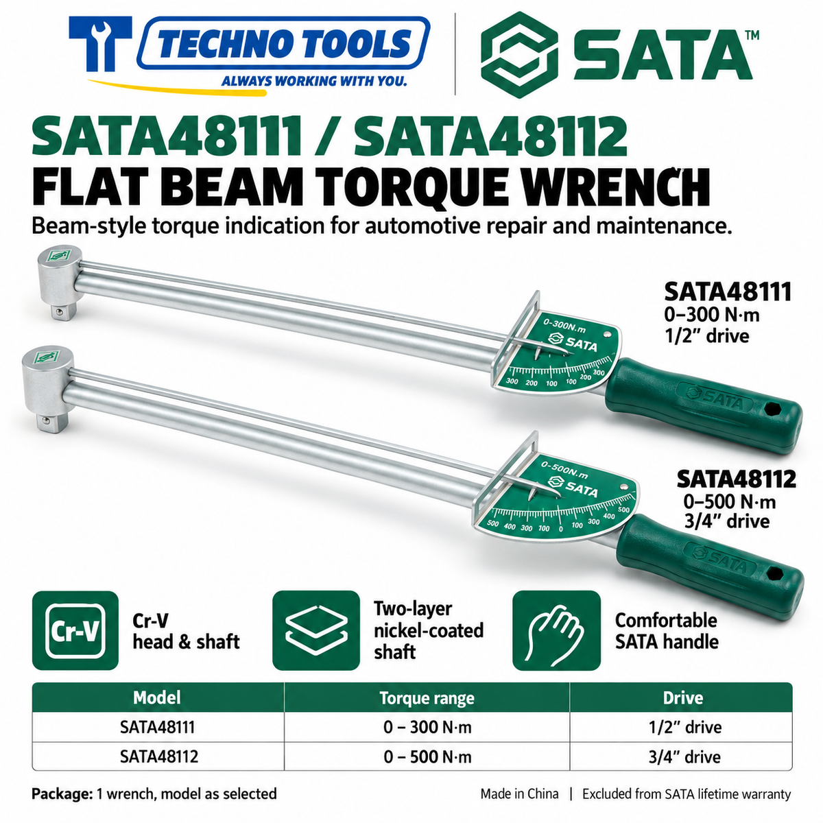 Shop SATA 48111-48112 flat beam torque wrenches, 0-300N.m (1/2 inch) and 0-500N.m (3/4 inch). Cr-V head and shaft, nickel-coated.