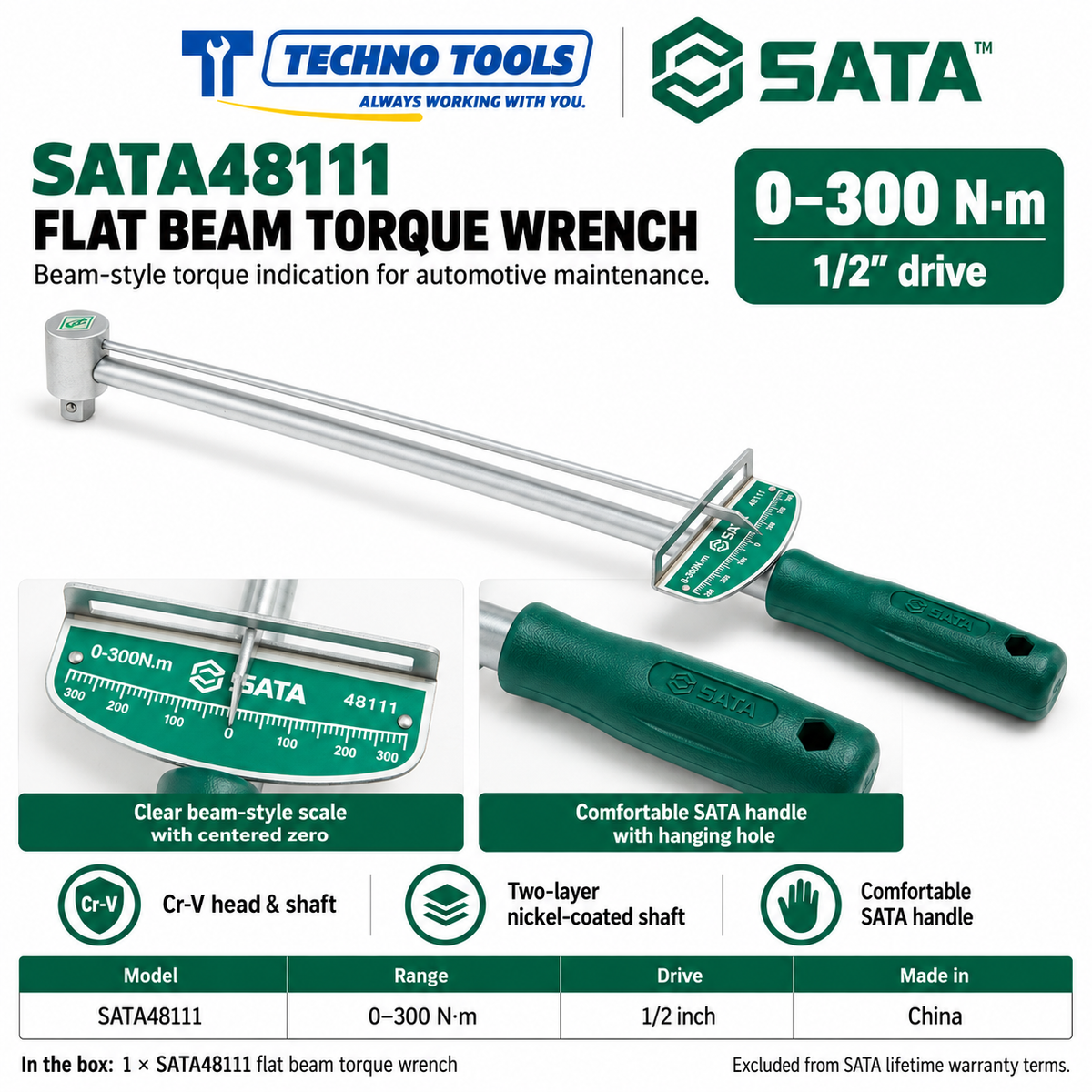 Shop SATA 48111-48112 flat beam torque wrenches, 0-300N.m (1/2 inch) and 0-500N.m (3/4 inch). Cr-V head and shaft, nickel-coated.
