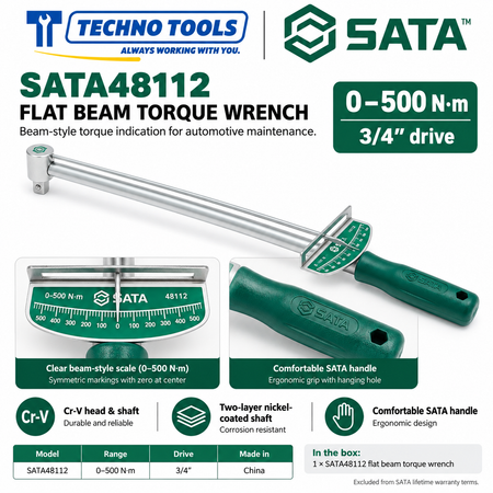 Shop SATA 48111-48112 flat beam torque wrenches, 0-300N.m (1/2 inch) and 0-500N.m (3/4 inch). Cr-V head and shaft, nickel-coated.