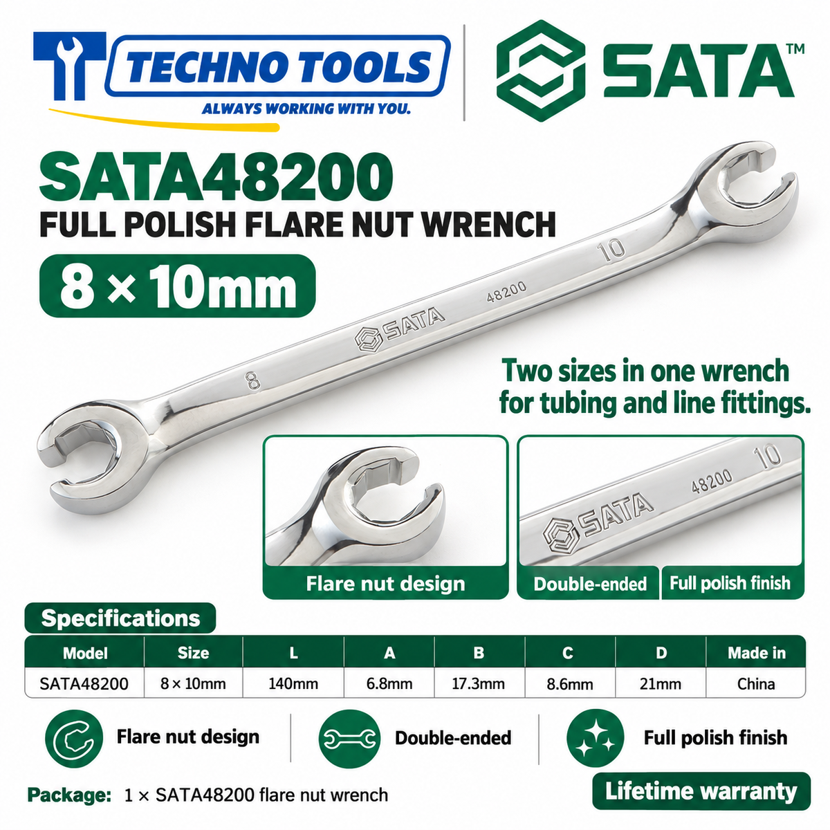Shop SATA 48200-48204 full polish flare nut wrenches, 8x10 to 16x17mm. Double-ended metric sizes for brake and fuel lines. Lifetime warranty.