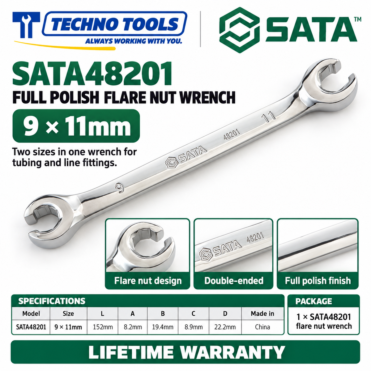 Shop SATA 48200-48204 full polish flare nut wrenches, 8x10 to 16x17mm. Double-ended metric sizes for brake and fuel lines. Lifetime warranty.