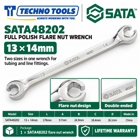 Shop SATA 48200-48204 full polish flare nut wrenches, 8x10 to 16x17mm. Double-ended metric sizes for brake and fuel lines. Lifetime warranty.
