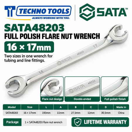 Shop SATA 48200-48204 full polish flare nut wrenches, 8x10 to 16x17mm. Double-ended metric sizes for brake and fuel lines. Lifetime warranty.