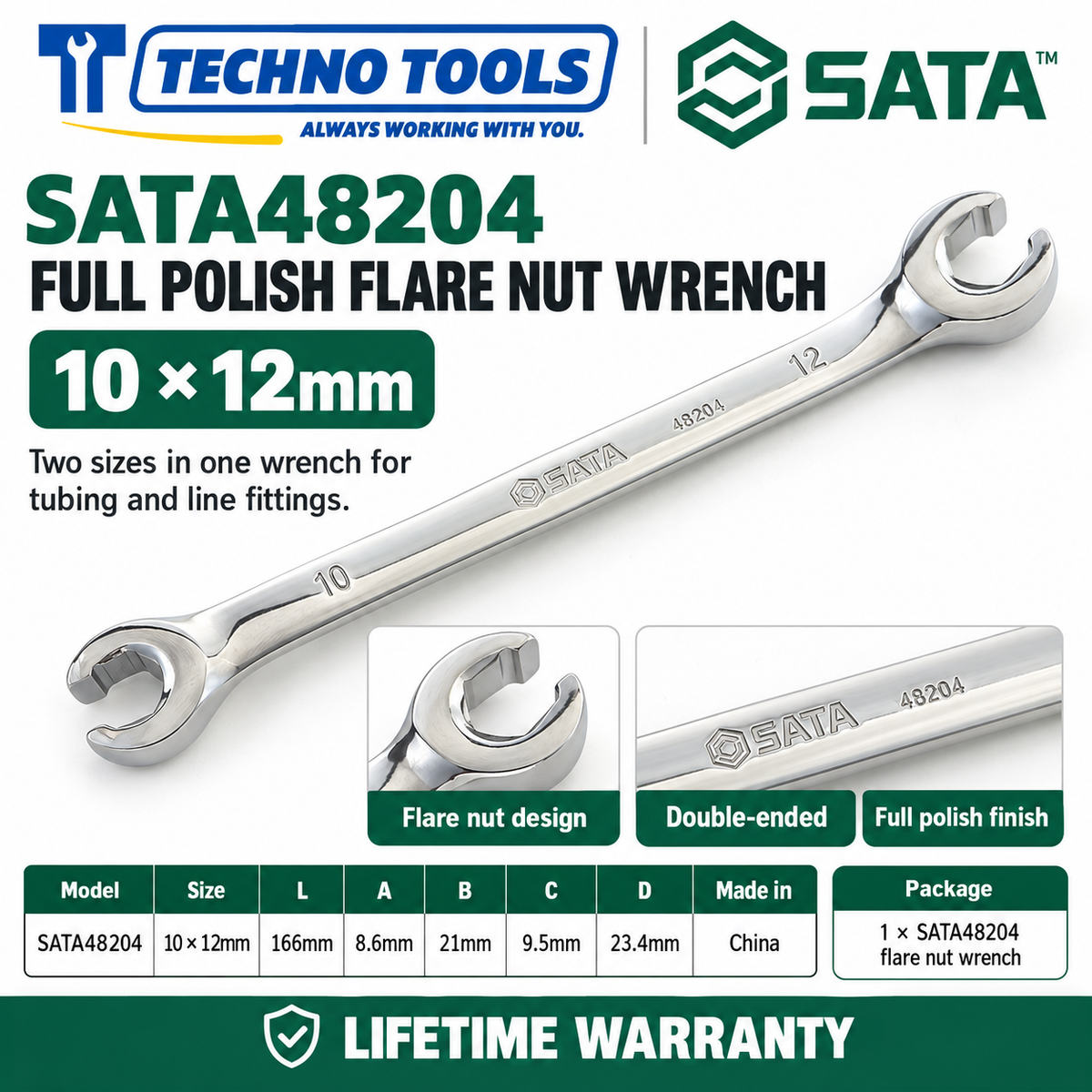 Shop SATA 48200-48204 full polish flare nut wrenches, 8x10 to 16x17mm. Double-ended metric sizes for brake and fuel lines. Lifetime warranty.