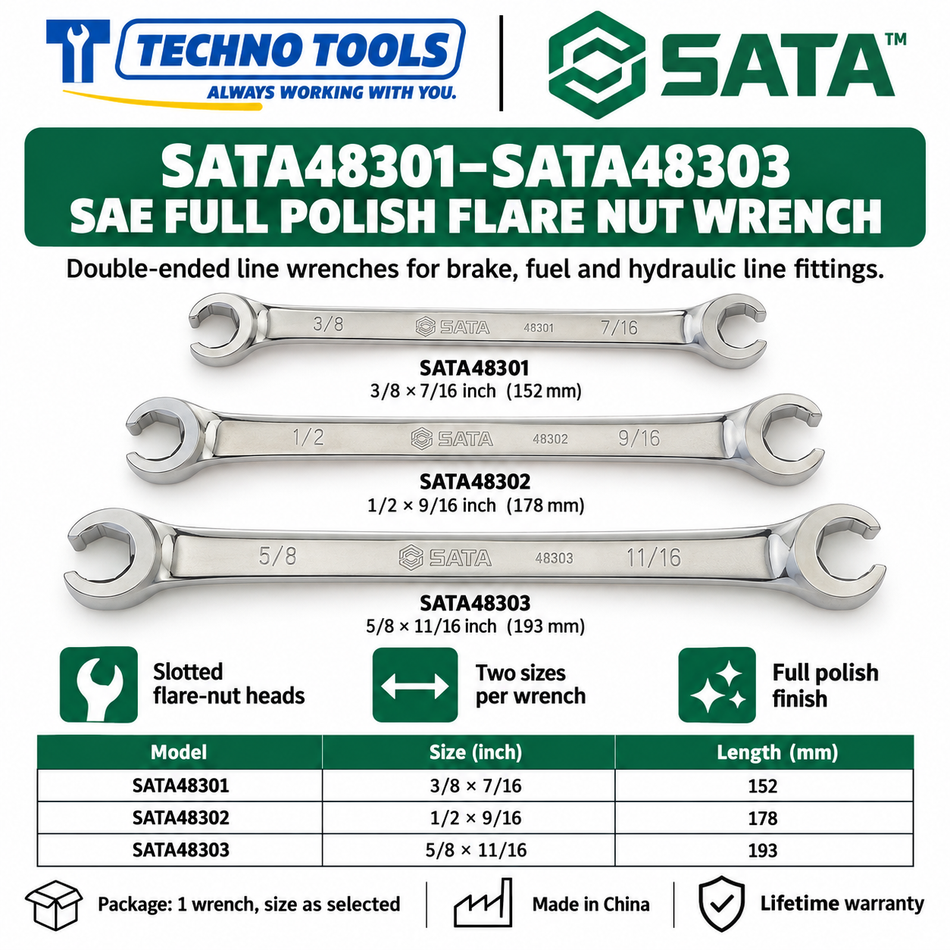 Shop SATA 48301-48303 full polish flare nut wrenches in inch sizes, 3/8x7/16 to 5/8x11/16. Double-ended for line fittings. Lifetime warranty.