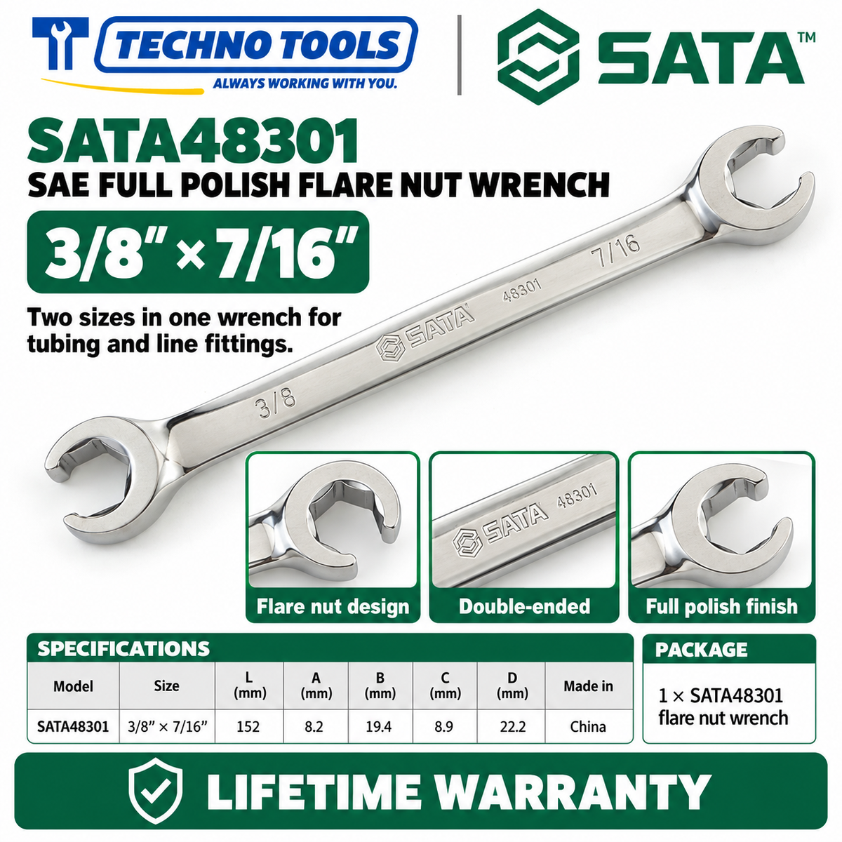 Shop SATA 48301-48303 full polish flare nut wrenches in inch sizes, 3/8x7/16 to 5/8x11/16. Double-ended for line fittings. Lifetime warranty.