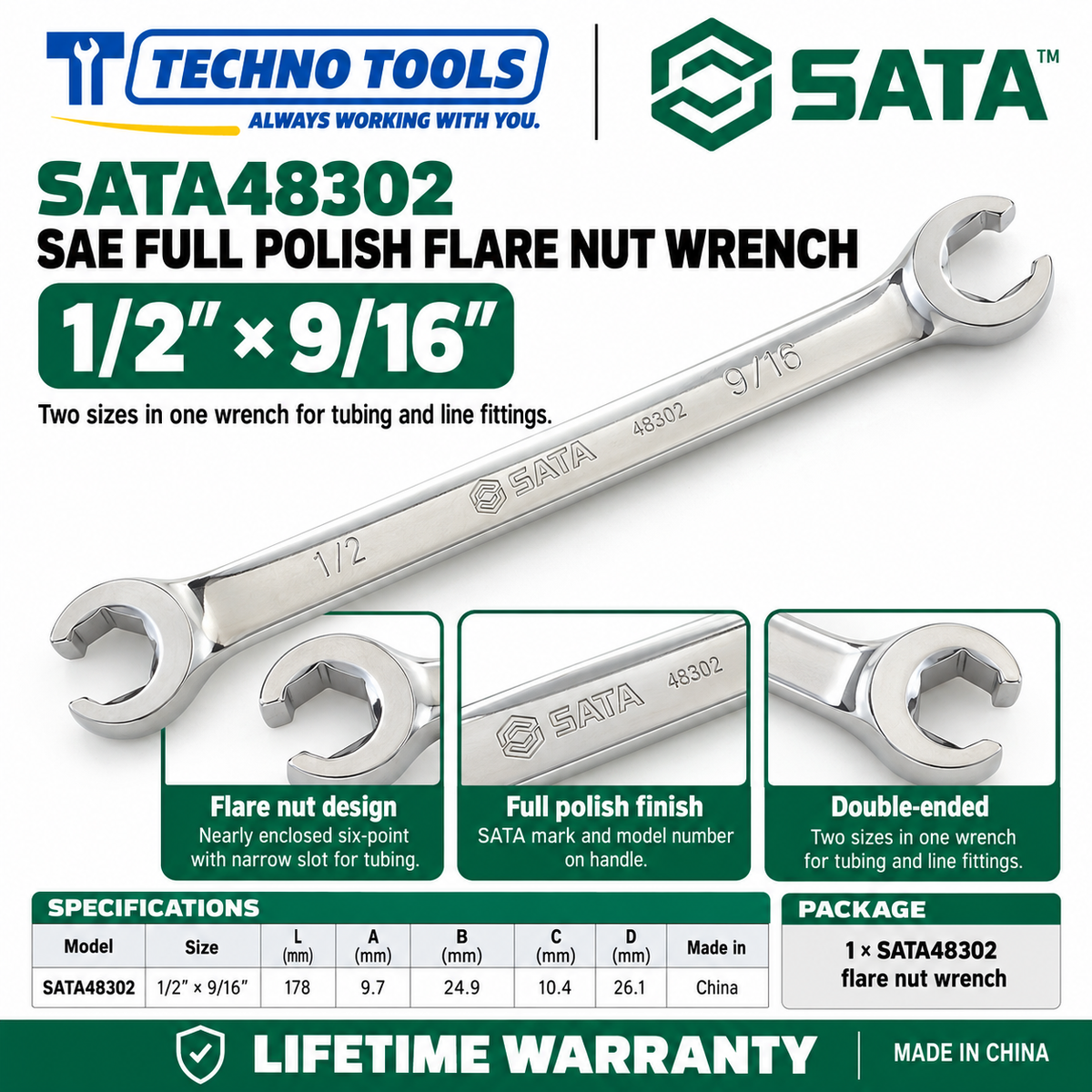 Shop SATA 48301-48303 full polish flare nut wrenches in inch sizes, 3/8x7/16 to 5/8x11/16. Double-ended for line fittings. Lifetime warranty.