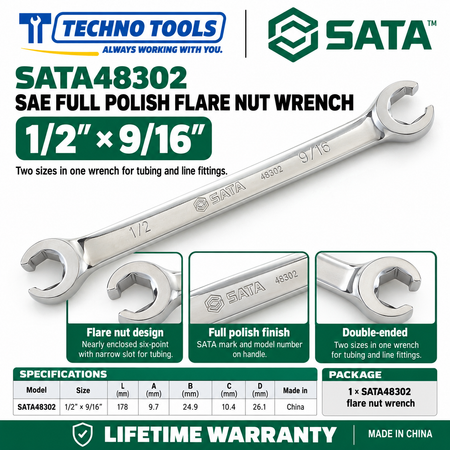 Shop SATA 48301-48303 full polish flare nut wrenches in inch sizes, 3/8x7/16 to 5/8x11/16. Double-ended for line fittings. Lifetime warranty.