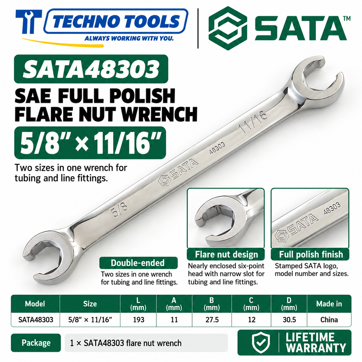 Shop SATA 48301-48303 full polish flare nut wrenches in inch sizes, 3/8x7/16 to 5/8x11/16. Double-ended for line fittings. Lifetime warranty.