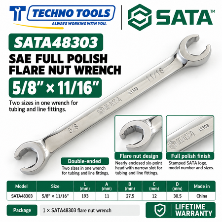 Shop SATA 48301-48303 full polish flare nut wrenches in inch sizes, 3/8x7/16 to 5/8x11/16. Double-ended for line fittings. Lifetime warranty.