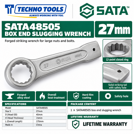 Shop SATA 48505-48531 box end slugging wrenches, 27 to 120mm. Forged alloy steel, heat treated, with safety hole. Lifetime warranty.