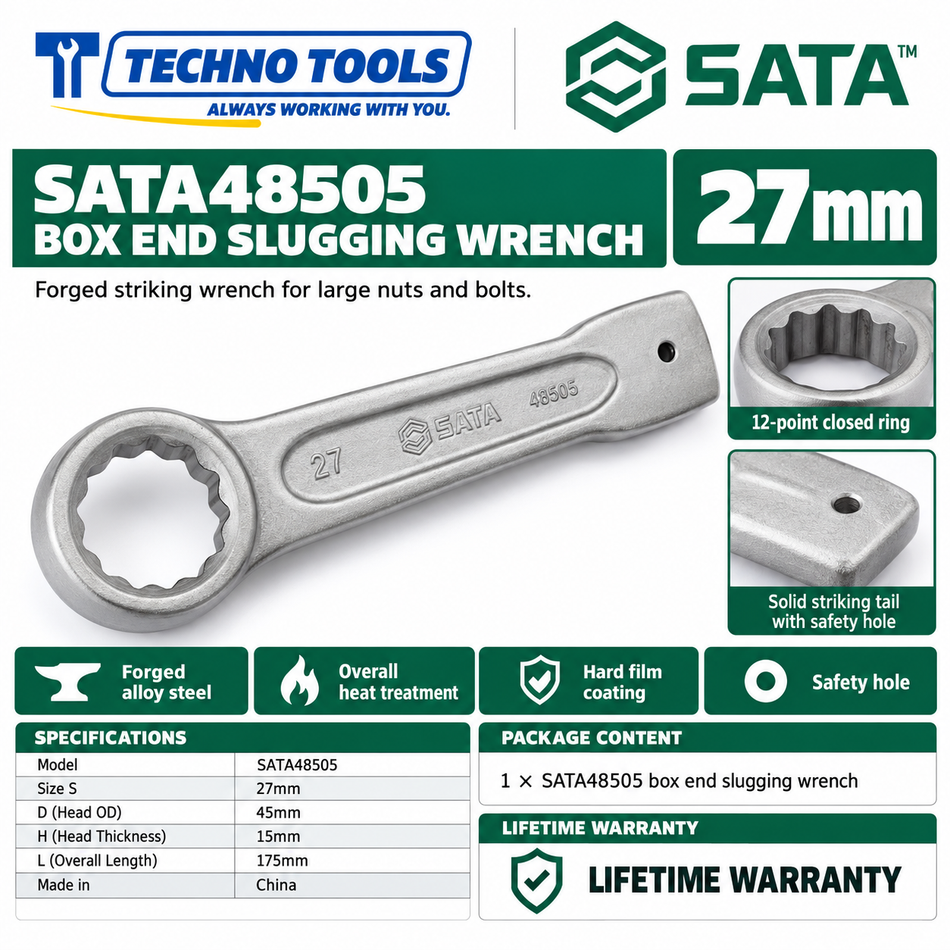 Shop SATA 48505-48531 box end slugging wrenches, 27 to 120mm. Forged alloy steel, heat treated, with safety hole. Lifetime warranty.