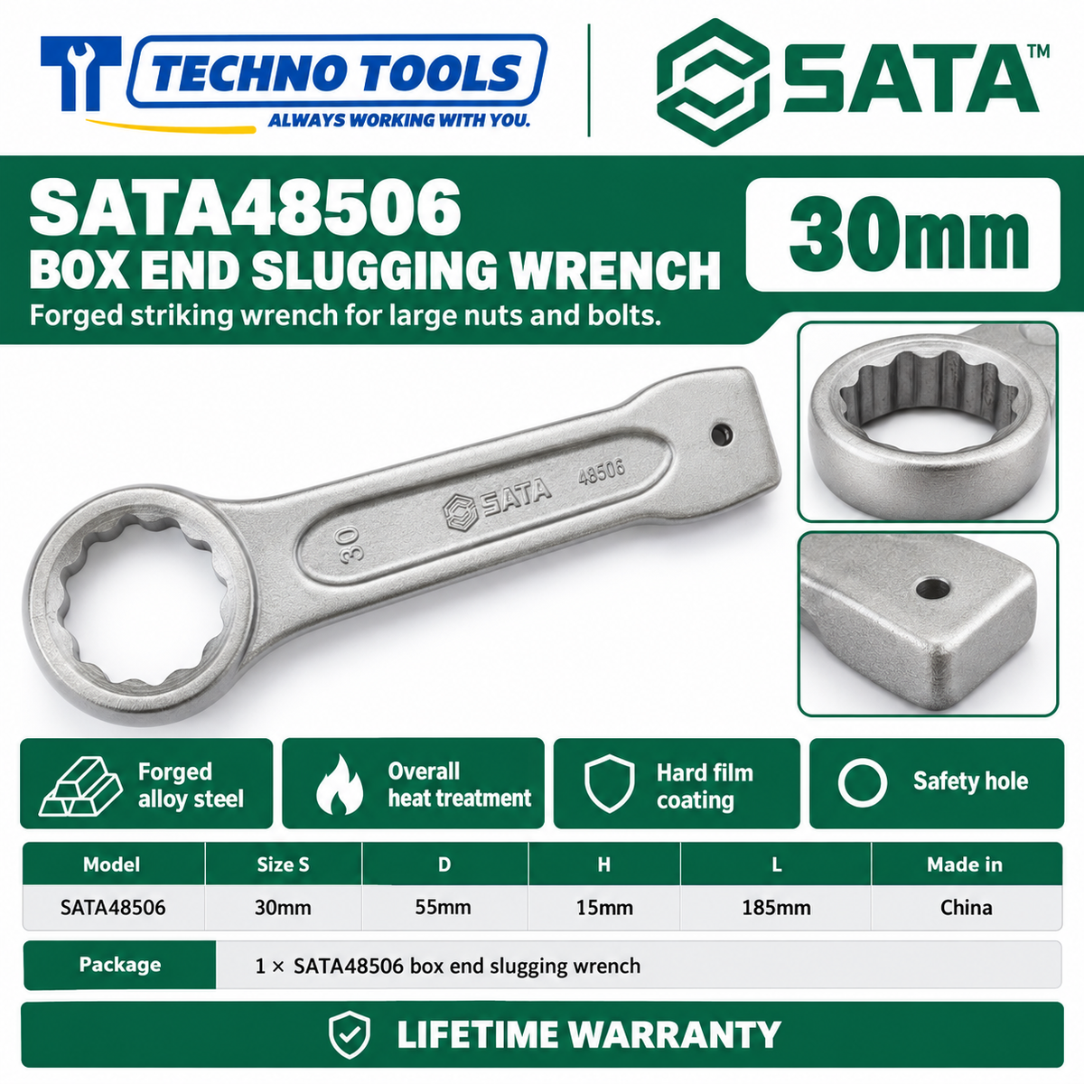 Shop SATA 48505-48531 box end slugging wrenches, 27 to 120mm. Forged alloy steel, heat treated, with safety hole. Lifetime warranty.