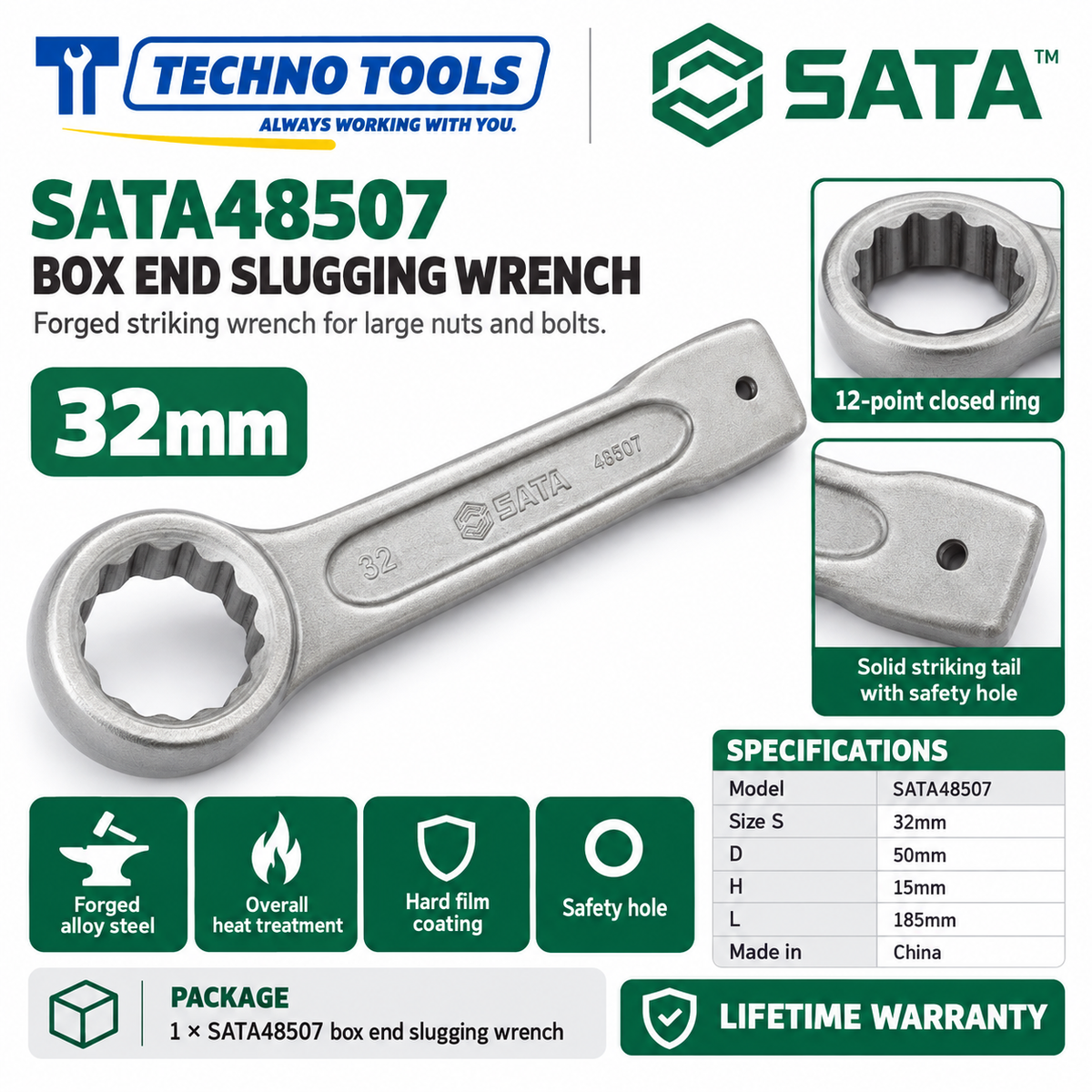 Shop SATA 48505-48531 box end slugging wrenches, 27 to 120mm. Forged alloy steel, heat treated, with safety hole. Lifetime warranty.
