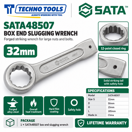 Shop SATA 48505-48531 box end slugging wrenches, 27 to 120mm. Forged alloy steel, heat treated, with safety hole. Lifetime warranty.