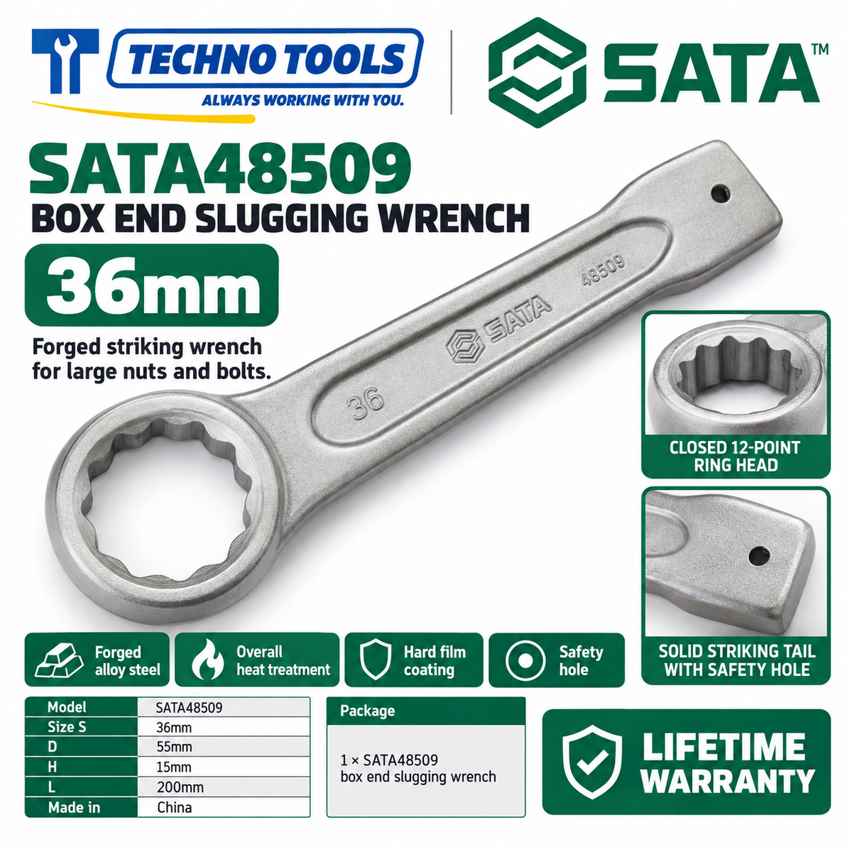 Shop SATA 48505-48531 box end slugging wrenches, 27 to 120mm. Forged alloy steel, heat treated, with safety hole. Lifetime warranty.