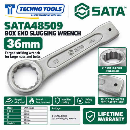 Shop SATA 48505-48531 box end slugging wrenches, 27 to 120mm. Forged alloy steel, heat treated, with safety hole. Lifetime warranty.