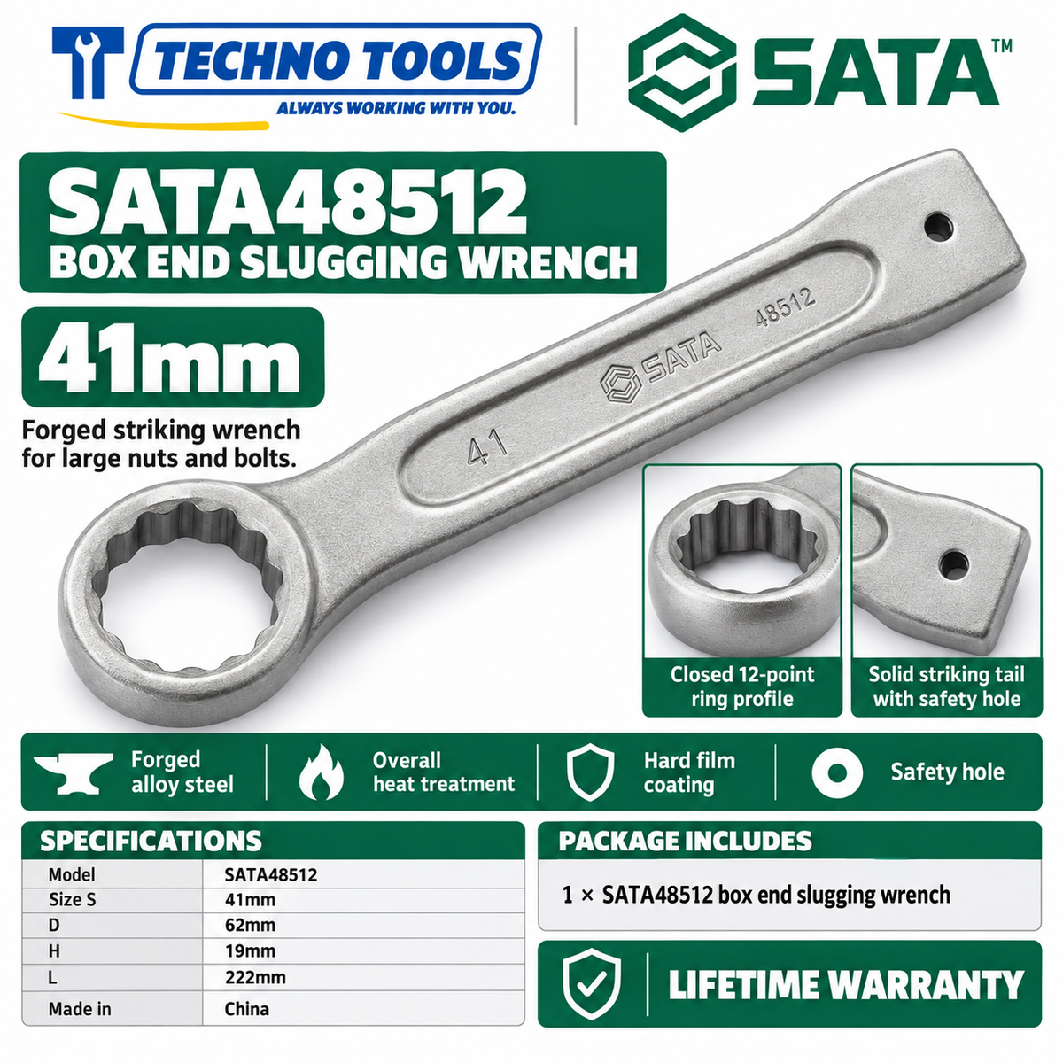 Shop SATA 48505-48531 box end slugging wrenches, 27 to 120mm. Forged alloy steel, heat treated, with safety hole. Lifetime warranty.