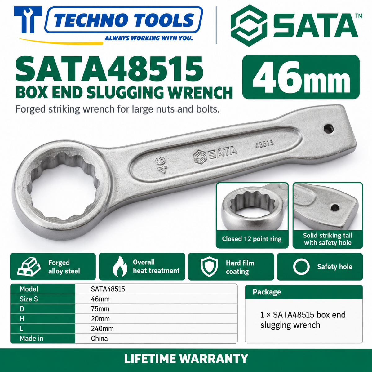 Shop SATA 48505-48531 box end slugging wrenches, 27 to 120mm. Forged alloy steel, heat treated, with safety hole. Lifetime warranty.