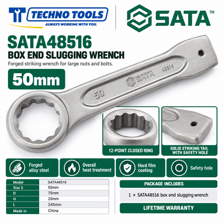 Shop SATA 48505-48531 box end slugging wrenches, 27 to 120mm. Forged alloy steel, heat treated, with safety hole. Lifetime warranty.