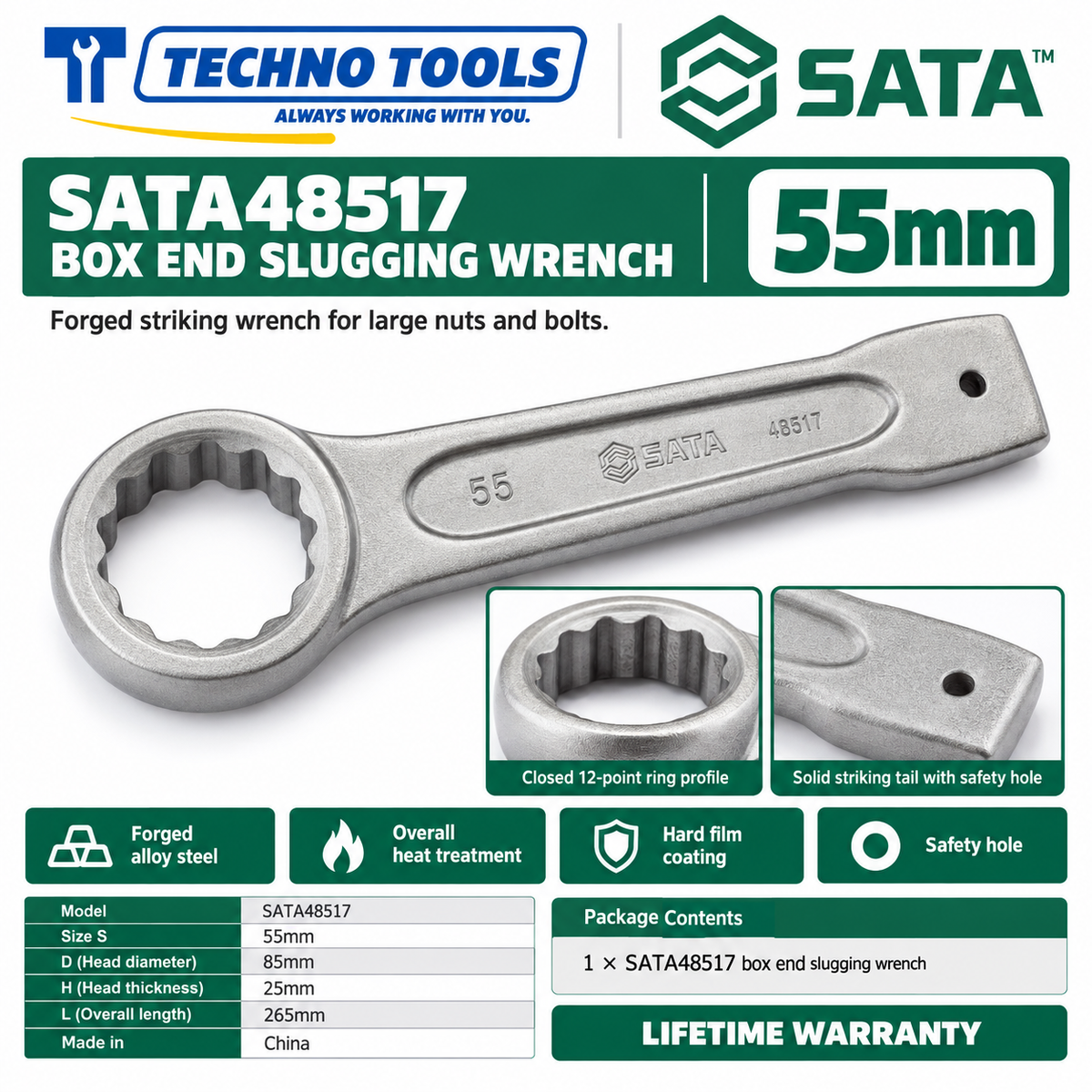 Shop SATA 48505-48531 box end slugging wrenches, 27 to 120mm. Forged alloy steel, heat treated, with safety hole. Lifetime warranty.