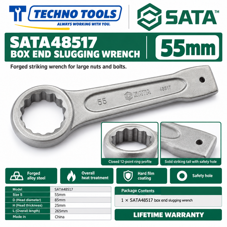 Shop SATA 48505-48531 box end slugging wrenches, 27 to 120mm. Forged alloy steel, heat treated, with safety hole. Lifetime warranty.