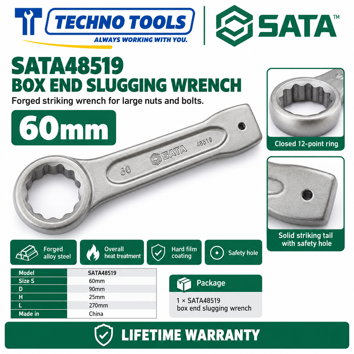 Shop SATA 48505-48531 box end slugging wrenches, 27 to 120mm. Forged alloy steel, heat treated, with safety hole. Lifetime warranty.