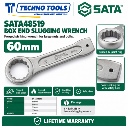 Shop SATA 48505-48531 box end slugging wrenches, 27 to 120mm. Forged alloy steel, heat treated, with safety hole. Lifetime warranty.