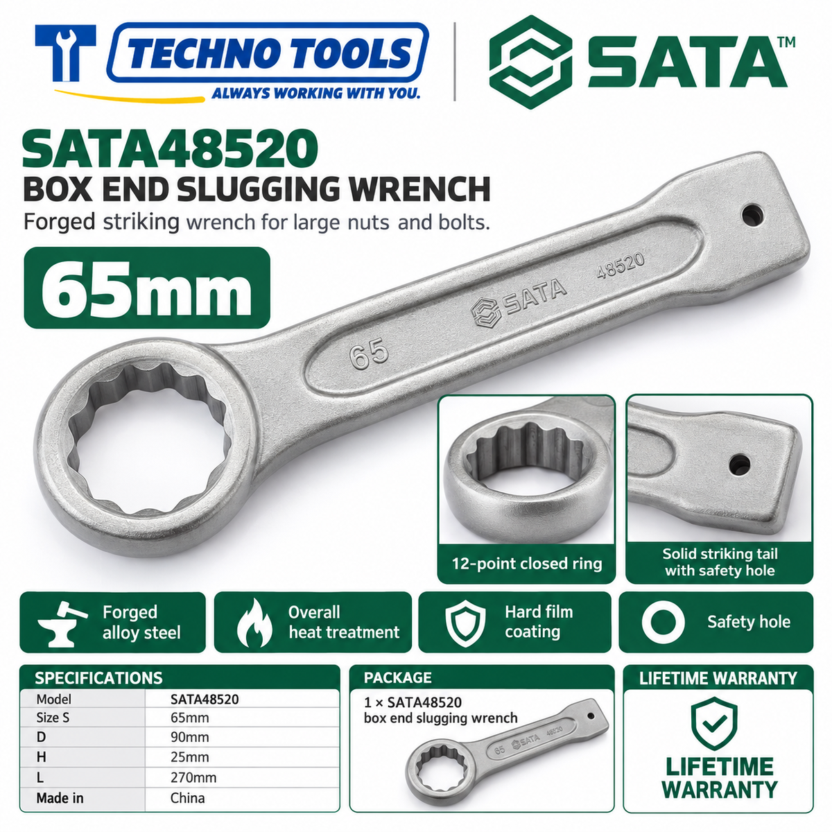 Shop SATA 48505-48531 box end slugging wrenches, 27 to 120mm. Forged alloy steel, heat treated, with safety hole. Lifetime warranty.