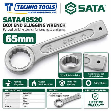 Shop SATA 48505-48531 box end slugging wrenches, 27 to 120mm. Forged alloy steel, heat treated, with safety hole. Lifetime warranty.