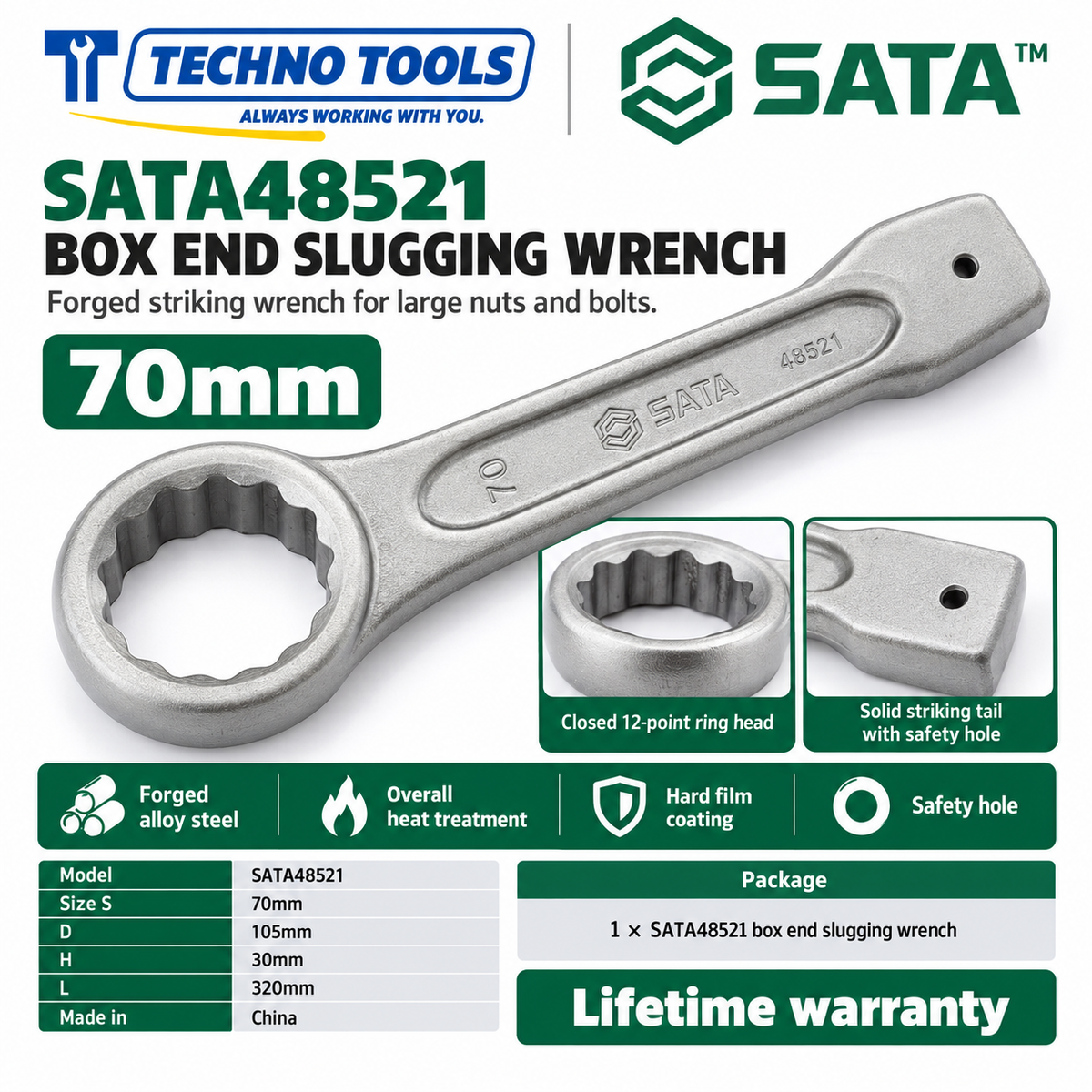 Shop SATA 48505-48531 box end slugging wrenches, 27 to 120mm. Forged alloy steel, heat treated, with safety hole. Lifetime warranty.
