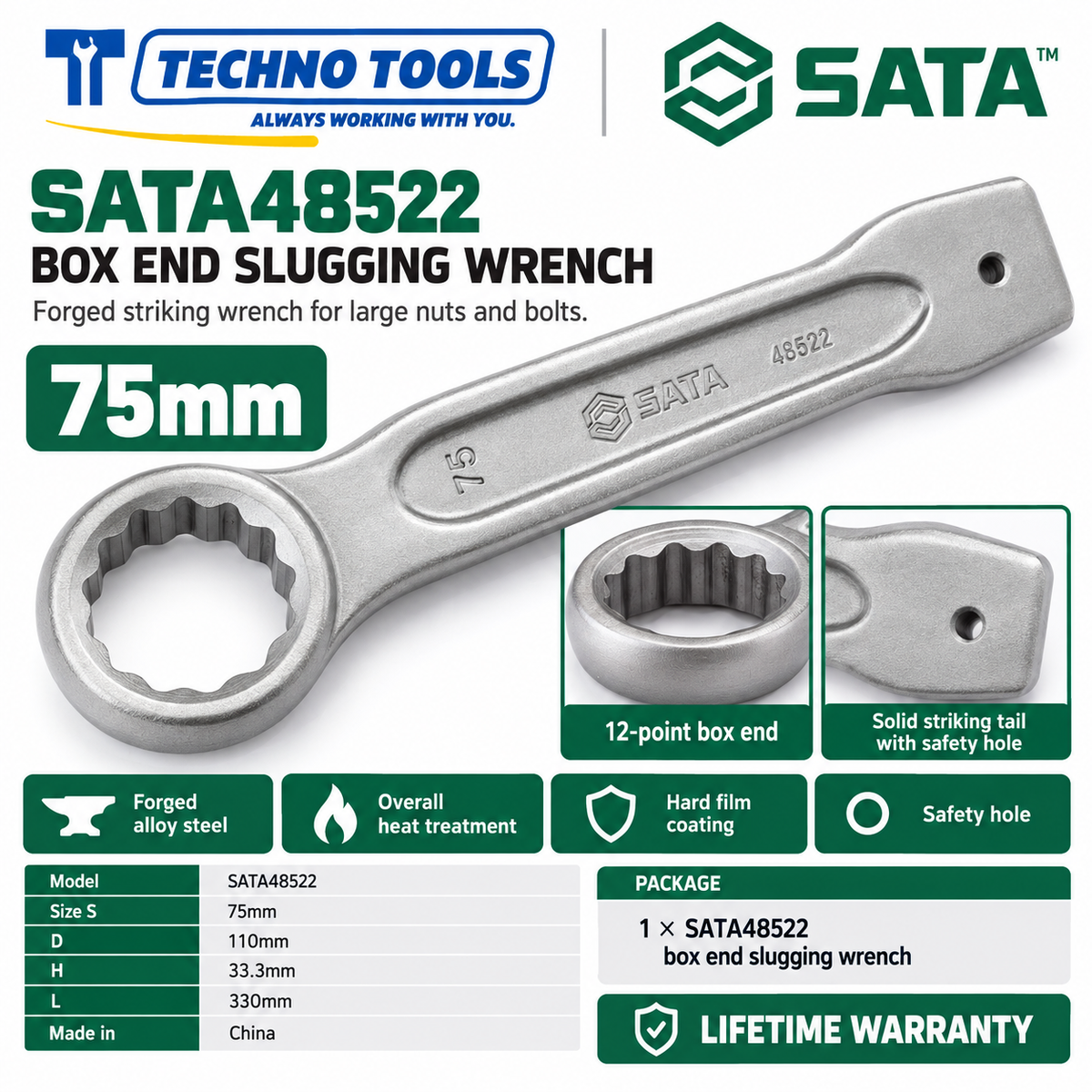 Shop SATA 48505-48531 box end slugging wrenches, 27 to 120mm. Forged alloy steel, heat treated, with safety hole. Lifetime warranty.