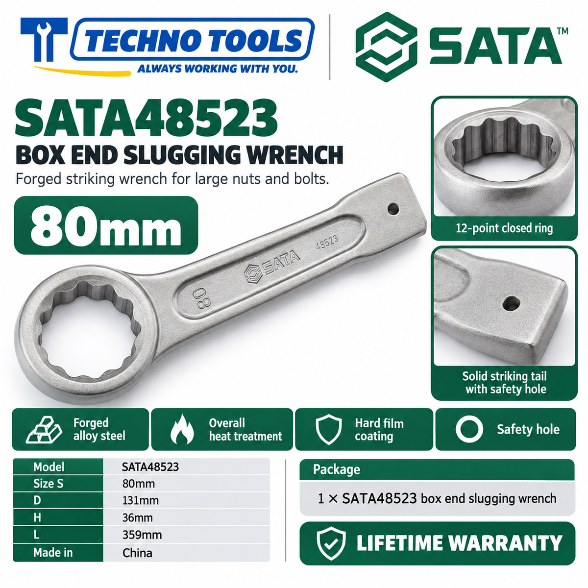 Shop SATA 48505-48531 box end slugging wrenches, 27 to 120mm. Forged alloy steel, heat treated, with safety hole. Lifetime warranty.