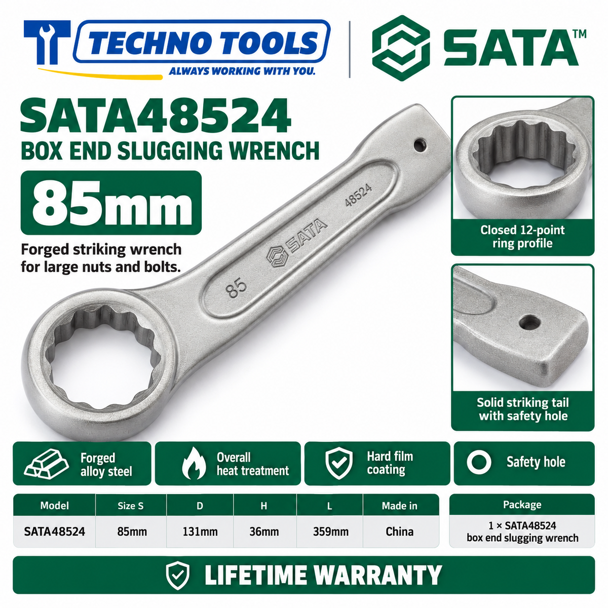 Shop SATA 48505-48531 box end slugging wrenches, 27 to 120mm. Forged alloy steel, heat treated, with safety hole. Lifetime warranty.
