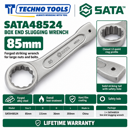 Shop SATA 48505-48531 box end slugging wrenches, 27 to 120mm. Forged alloy steel, heat treated, with safety hole. Lifetime warranty.