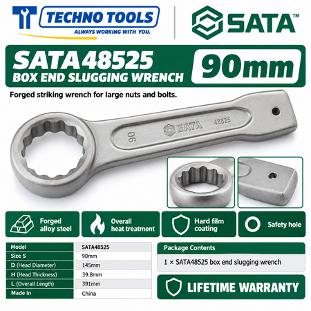 Shop SATA 48505-48531 box end slugging wrenches, 27 to 120mm. Forged alloy steel, heat treated, with safety hole. Lifetime warranty.