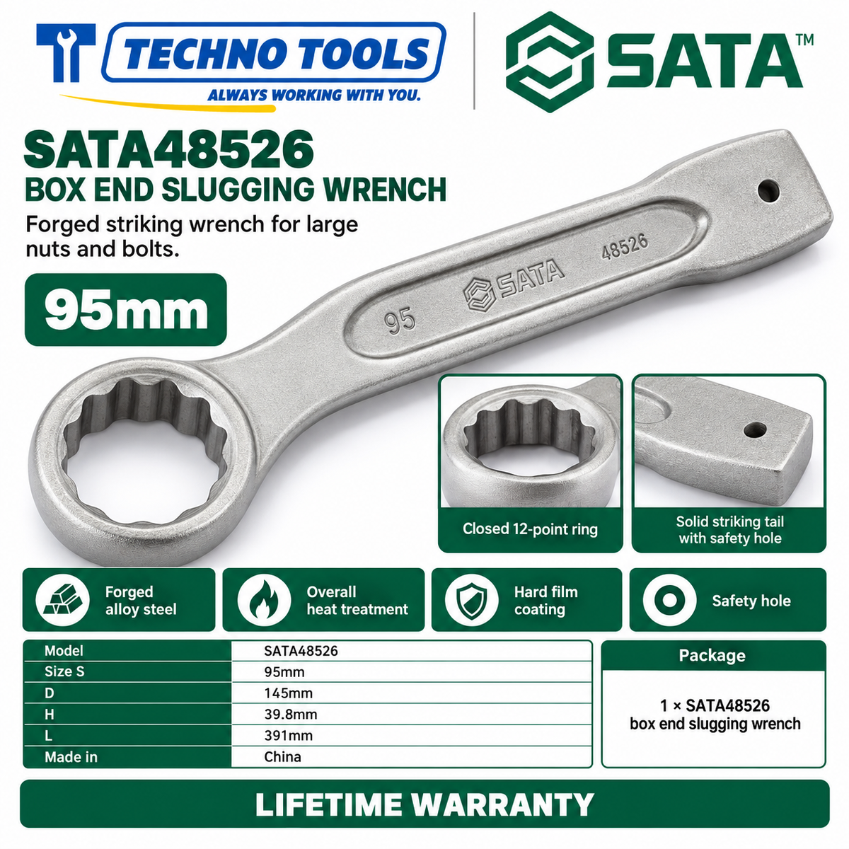 Shop SATA 48505-48531 box end slugging wrenches, 27 to 120mm. Forged alloy steel, heat treated, with safety hole. Lifetime warranty.