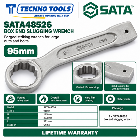 Shop SATA 48505-48531 box end slugging wrenches, 27 to 120mm. Forged alloy steel, heat treated, with safety hole. Lifetime warranty.