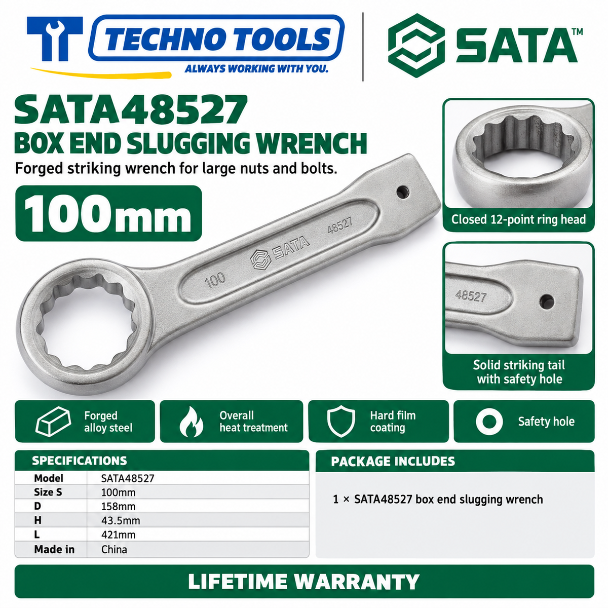 Shop SATA 48505-48531 box end slugging wrenches, 27 to 120mm. Forged alloy steel, heat treated, with safety hole. Lifetime warranty.